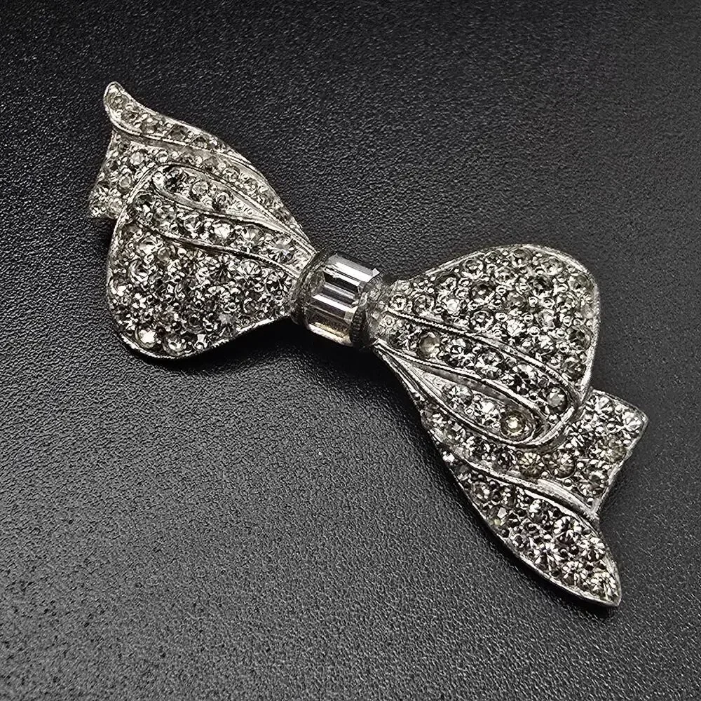 Silver Tone Rhinestone Bow Brooch Vintage Art Deco Jewelry